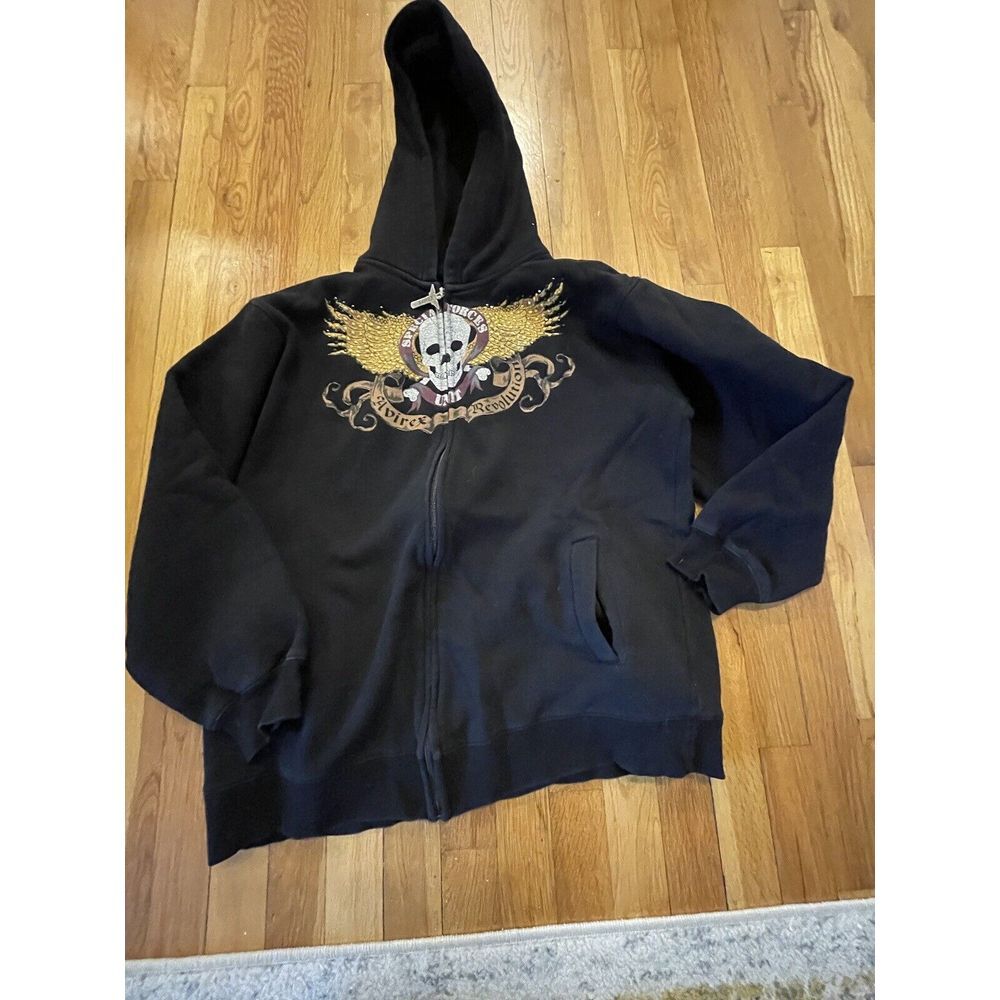 Avirex Hoodie Mens  Black Embroidered‎ Winged Skull Full Zip Streetwear XL Y2k